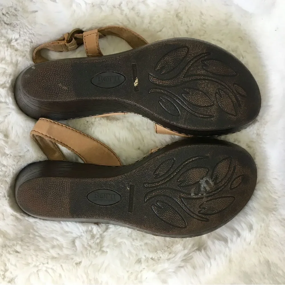 Born Women's Tan Leather Strappy Open Toe Wedge Sandals Size 9M